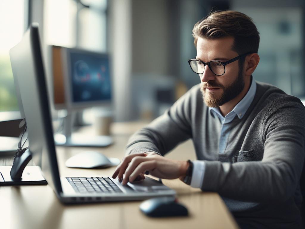 A focused close up of a professional IT consultant working